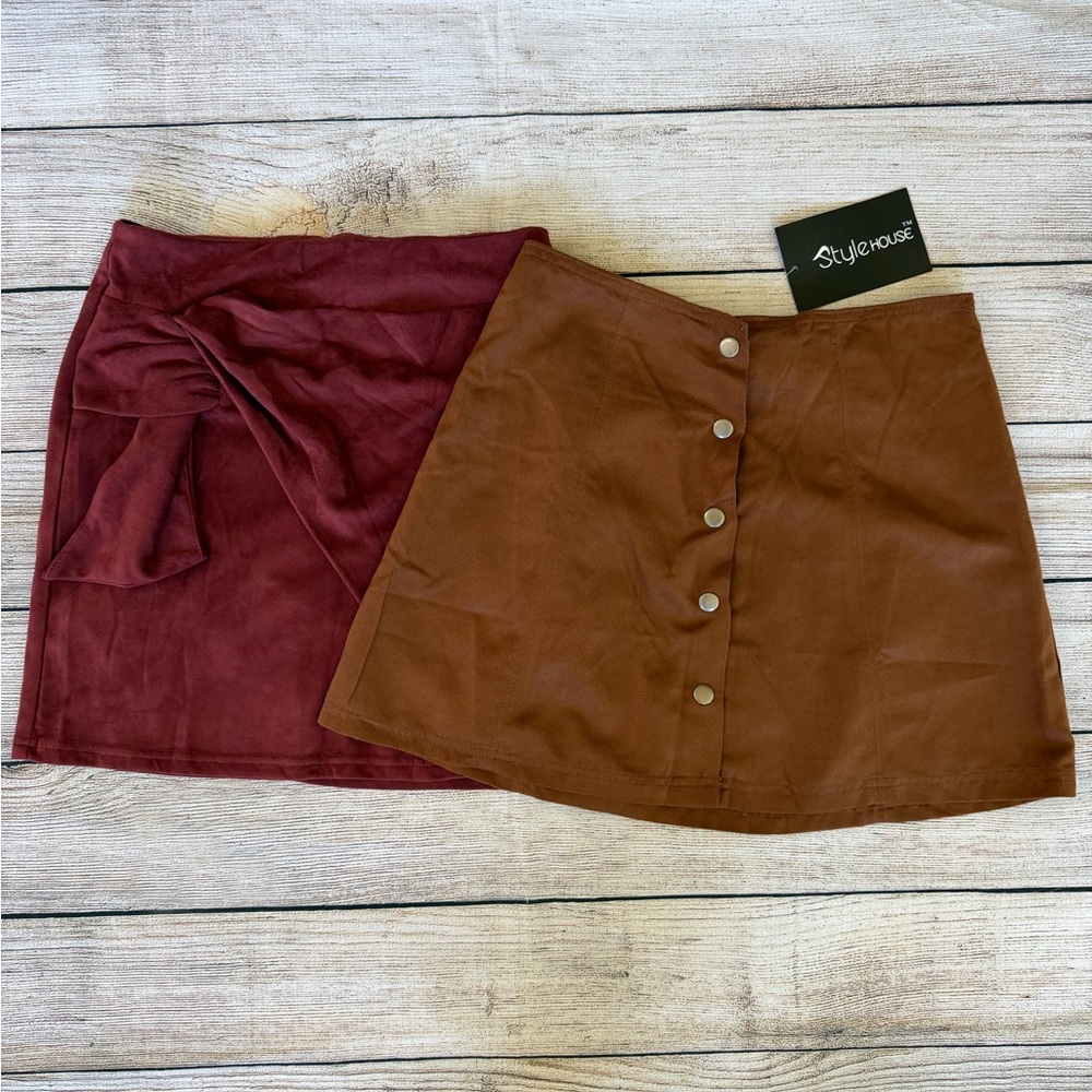 NWT Faux Suede Mini Skirt Bundle of 2 Brown Button-Front Burgundy Wrap Bow Sz S